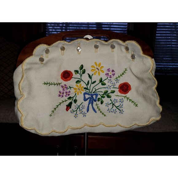 Vintage Boho Cottage Core Linen Floral Handmade Embroidered Top Handle Clutch - Picture 2 of 11
